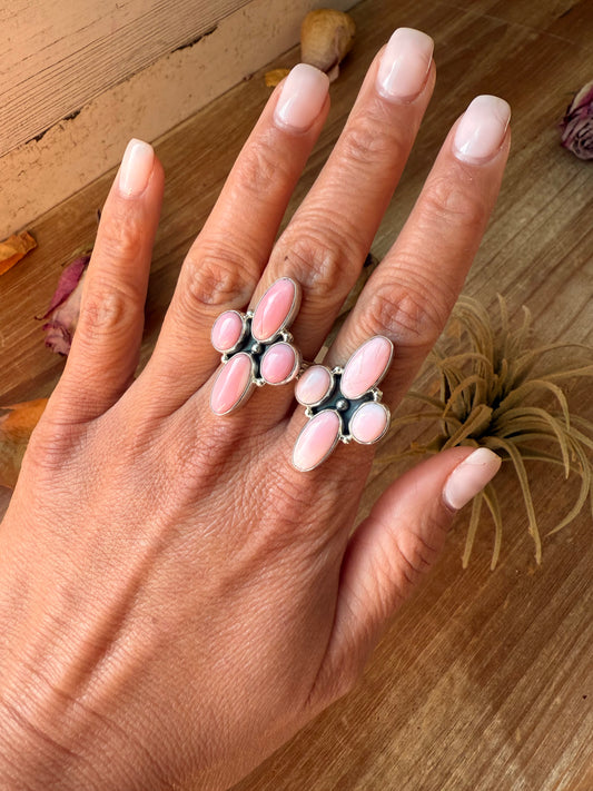 Sterling-silver ring with pink conch shell stone, available in size 7 or 8, stamped Sterling, handmade in the USA