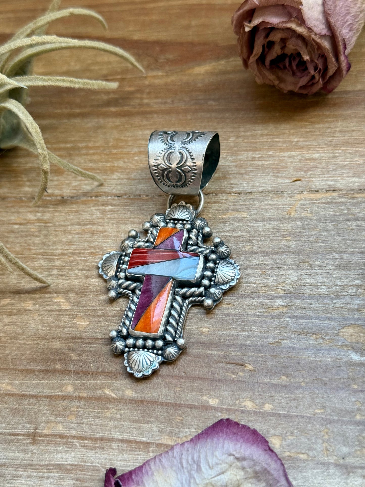 Sterling Silver Multi-Stone Inlay Cross Pendant – Mother of Pearl & Spiny Oyster – Handmade by Artist Shay Pfeiffer