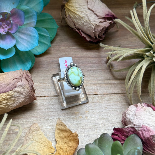 129 - Sterling Silver Palomino Variscite Medicine Man Eye Stamped Stacking Ring by Jason Ogg