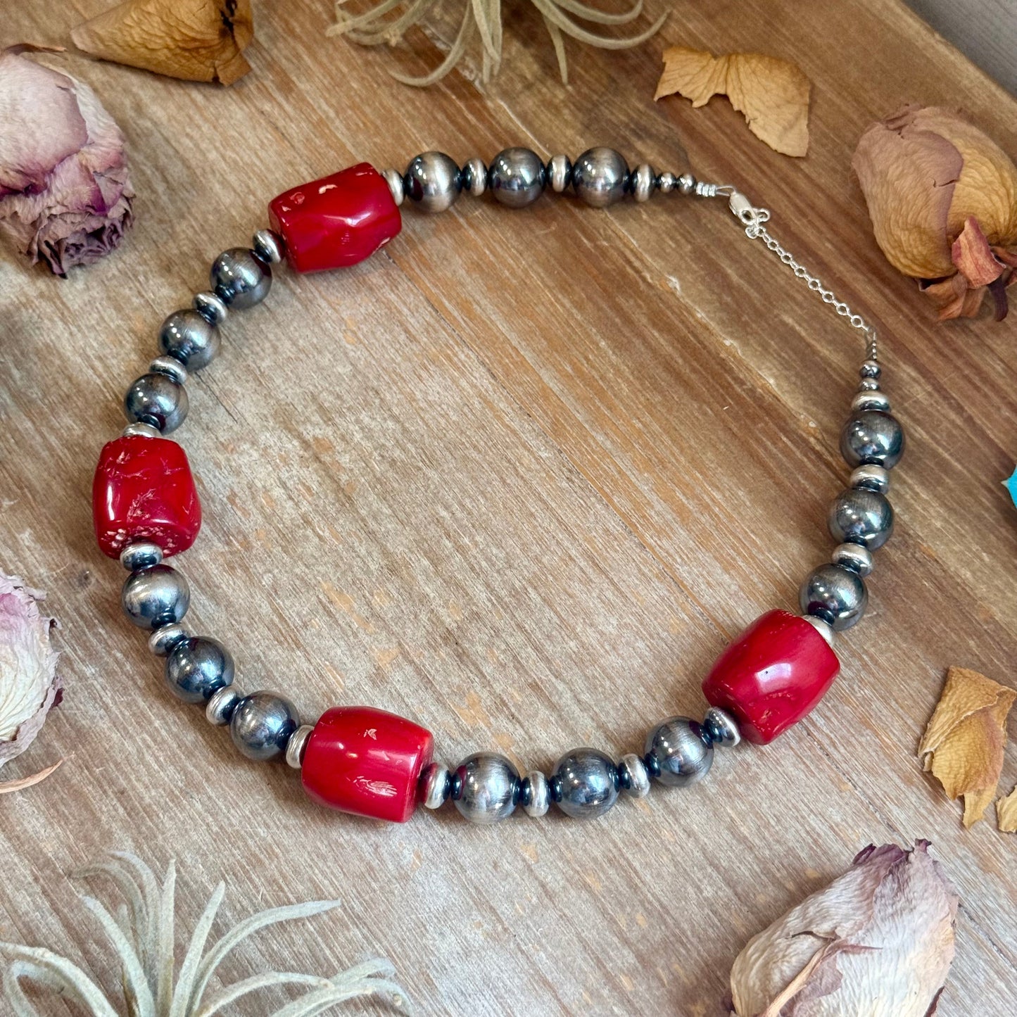 Dyed Red Coral Barrel & Sterling Silver Pearl Necklace