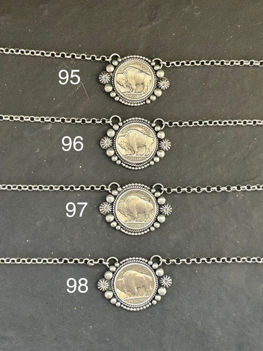 Sterling silver fixed chain necklace with Buffalo nickel by Texas artist Jason Ogg
