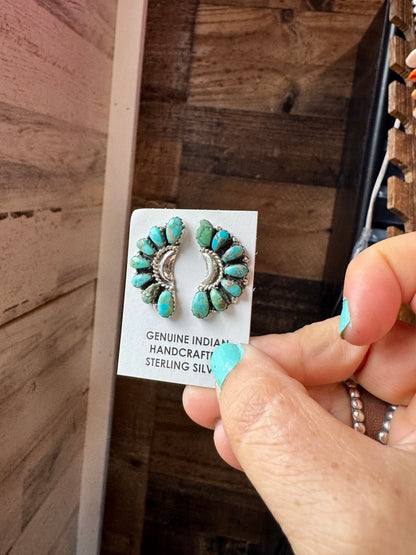 Handcrafted turquoise half cluster earrings made with genuine turquoise stones and solid sterling silver. Stamped LW. Each pair has unique color and pattern variations. Made in the USA and curated by The Bijoux FAB.