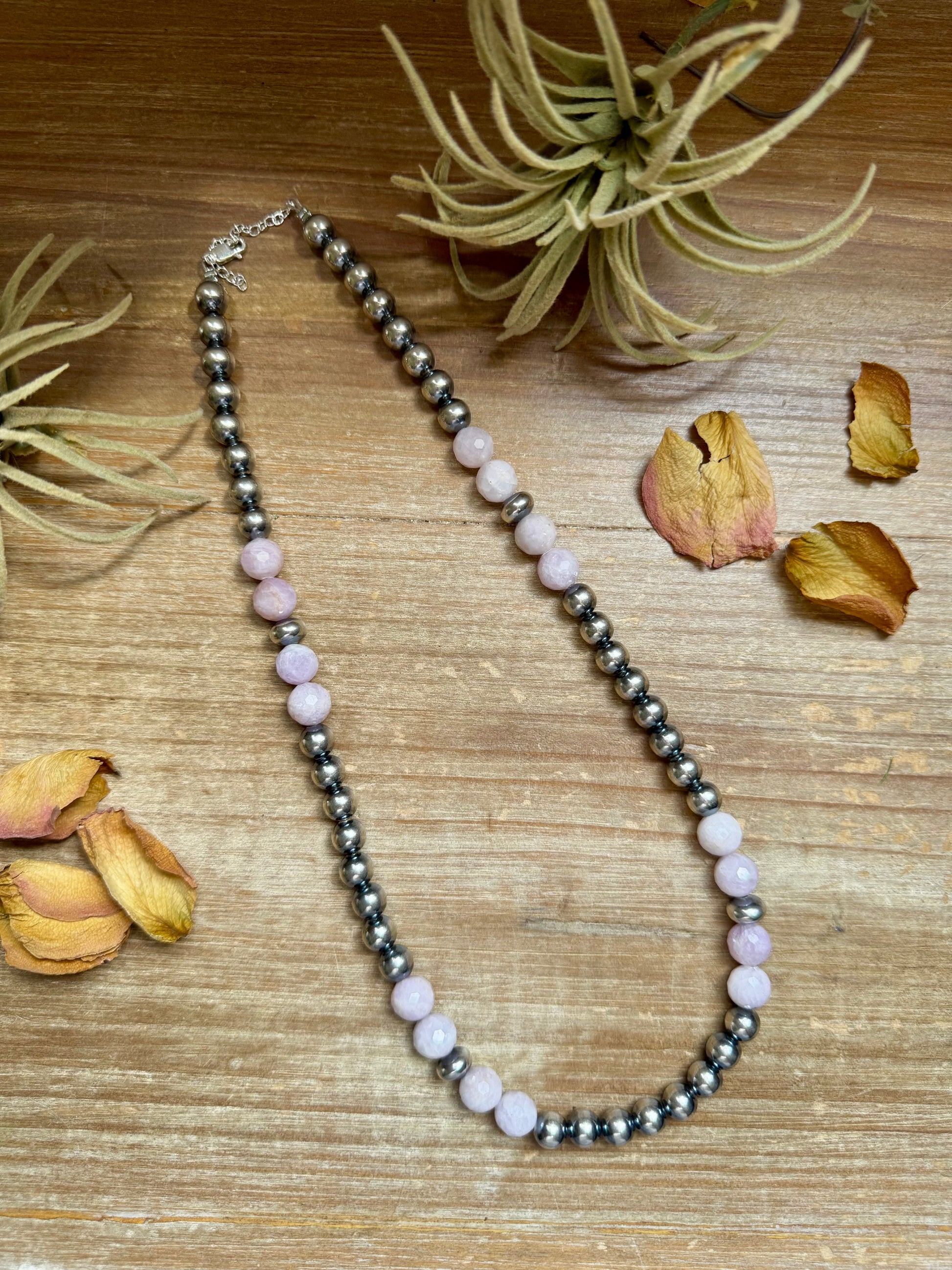 Faceted Kunzite and sterling silver necklace with 8 mm pearls, light purple gemstones, 20 inch length plus extender, handmade by The Bijoux FAB