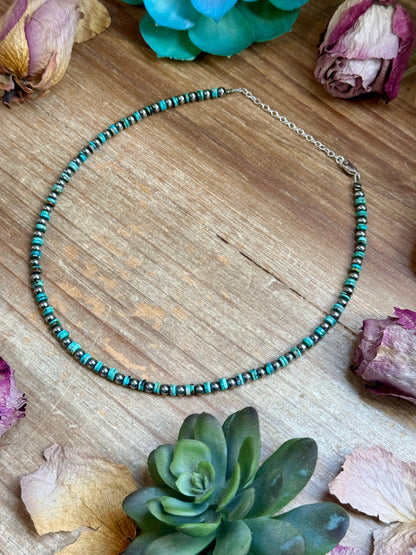 14” Turquoise Heishi Choker – Sterling Silver Pearls