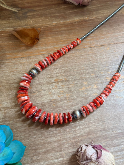 22-Inch Graduated Orange and Red Spiny Oyster & Sterling Silver Pearl Necklace