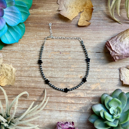 6.5 inch black onyx star bracelet with 3mm sterling silver pearls handmade in the USA by The Bijoux FAB
