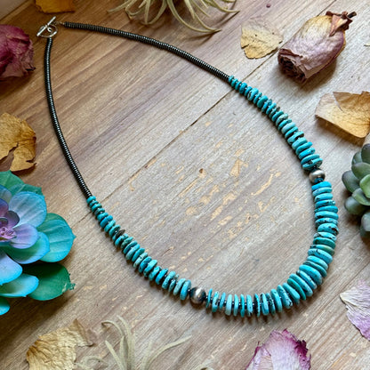 23” Ice Blue Turquoise Graduated Necklace – Sterling Silver & Hematite