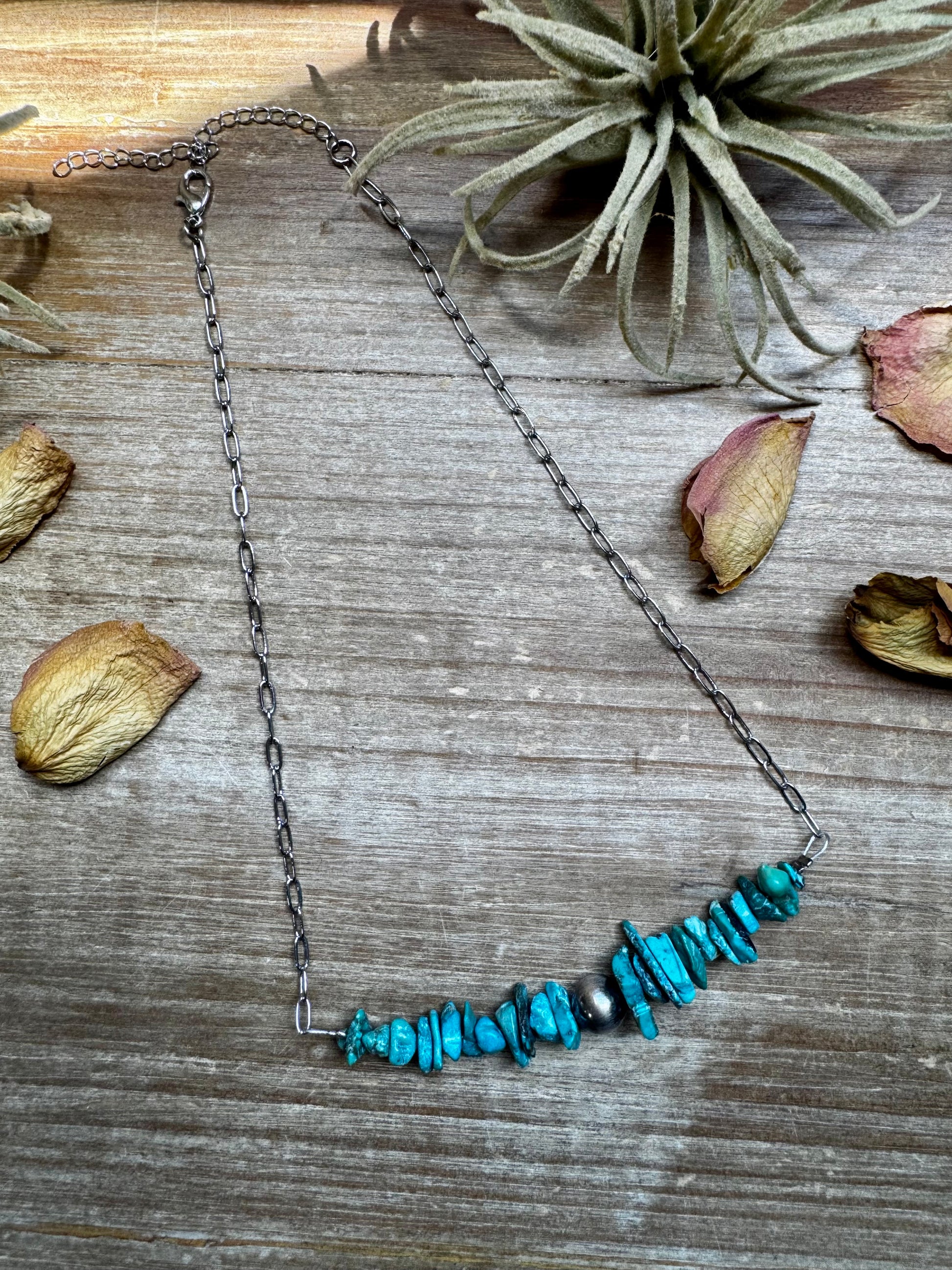 Turquoise Chip Necklace – Sterling Silver Pearl – Handmade by The