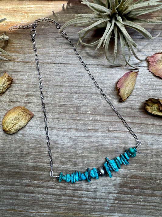 Turquoise chip necklace with silver-plated paperclip chain and 10 mm sterling silver pearl center, handmade by The Bijoux FAB