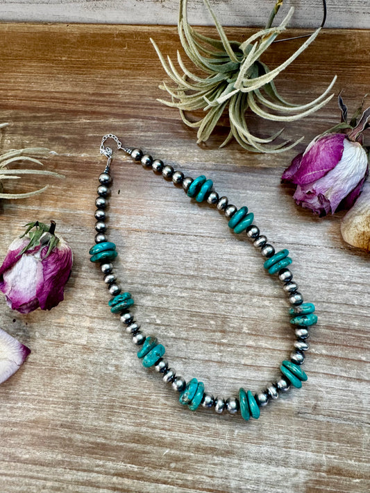 16.5-inch sterling silver pearl necklace with 16mm green turquoise rondelle, handmade by The Bijoux FAB in the USA, NFR Collection