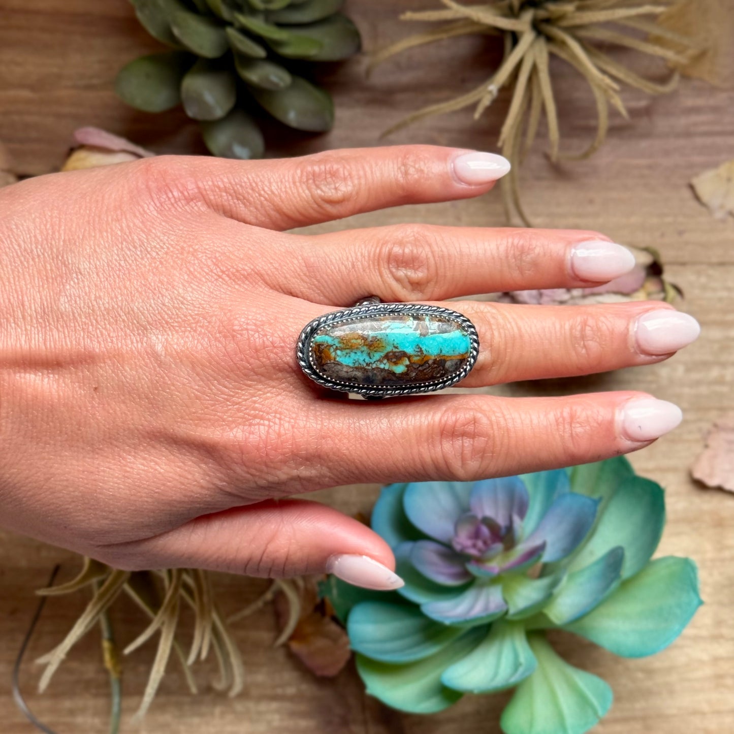MJ Long Turquoise Ring – Sterling Silver Adjustable Band