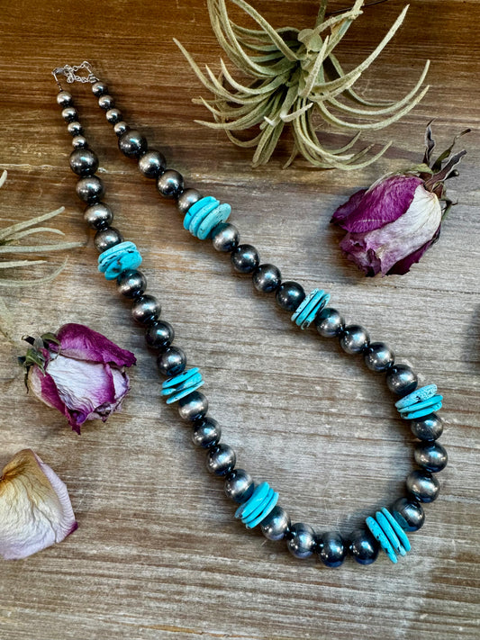23.5-inch sterling silver pearl necklace with 20mm turquoise disc, handmade by The Bijoux FAB in the USA, NFR Collection