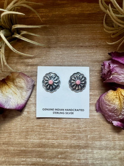 Sterling silver concho stud earrings with pink conch center, Native made in the USA, one of a kind