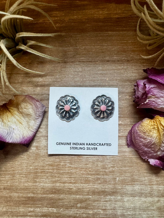 Sterling silver concho stud earrings with pink conch center, Native made in the USA, one of a kind