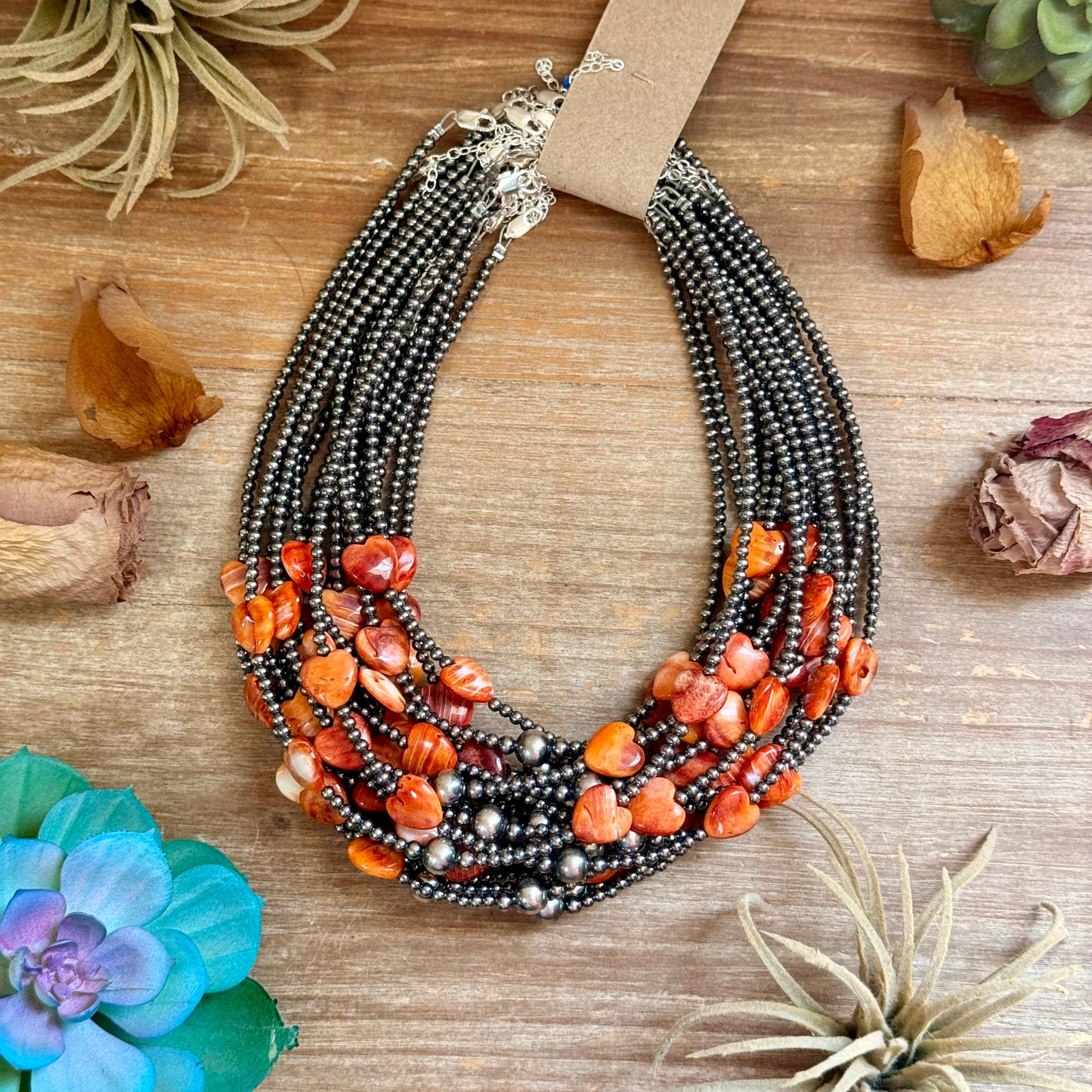 Orange/Red Shell Heart & Sterling Silver Pearl Necklace - 15 inch