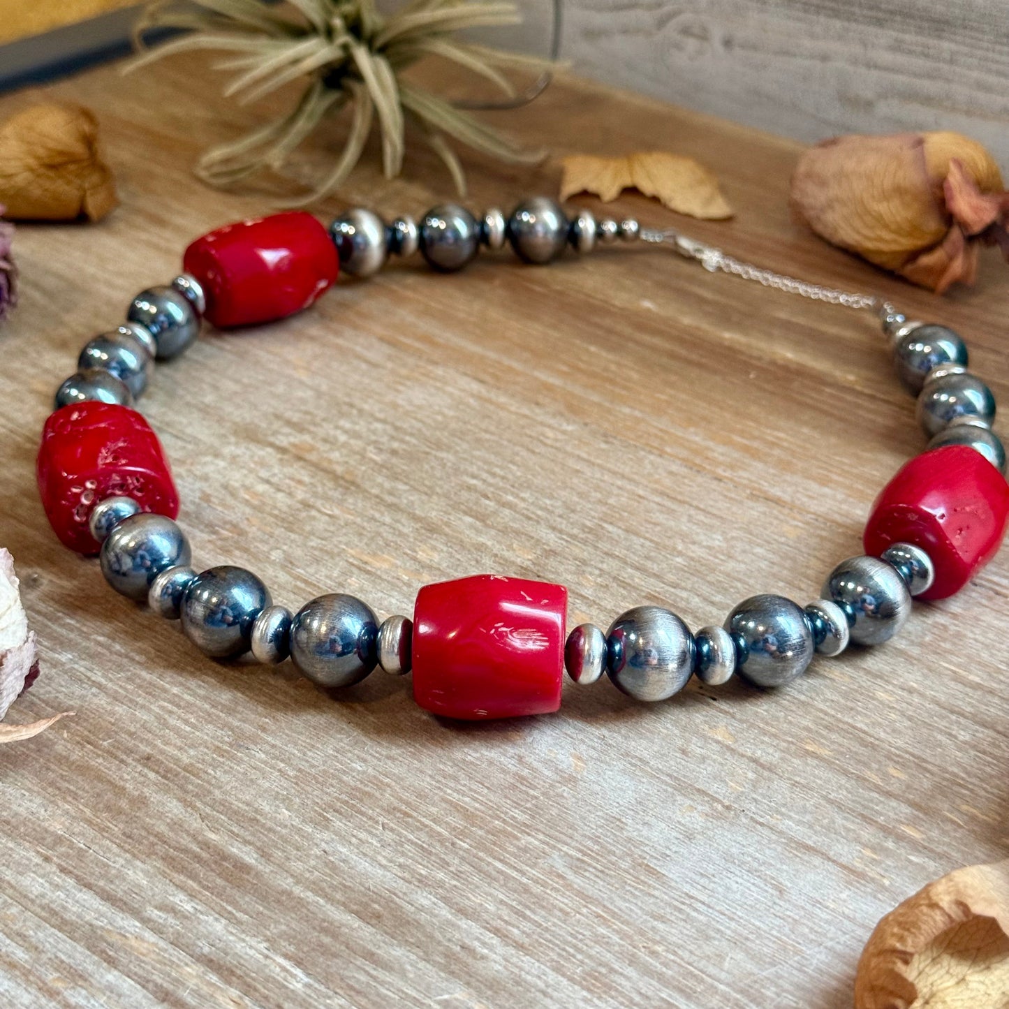 Dyed Red Coral Barrel & Sterling Silver Pearl Necklace
