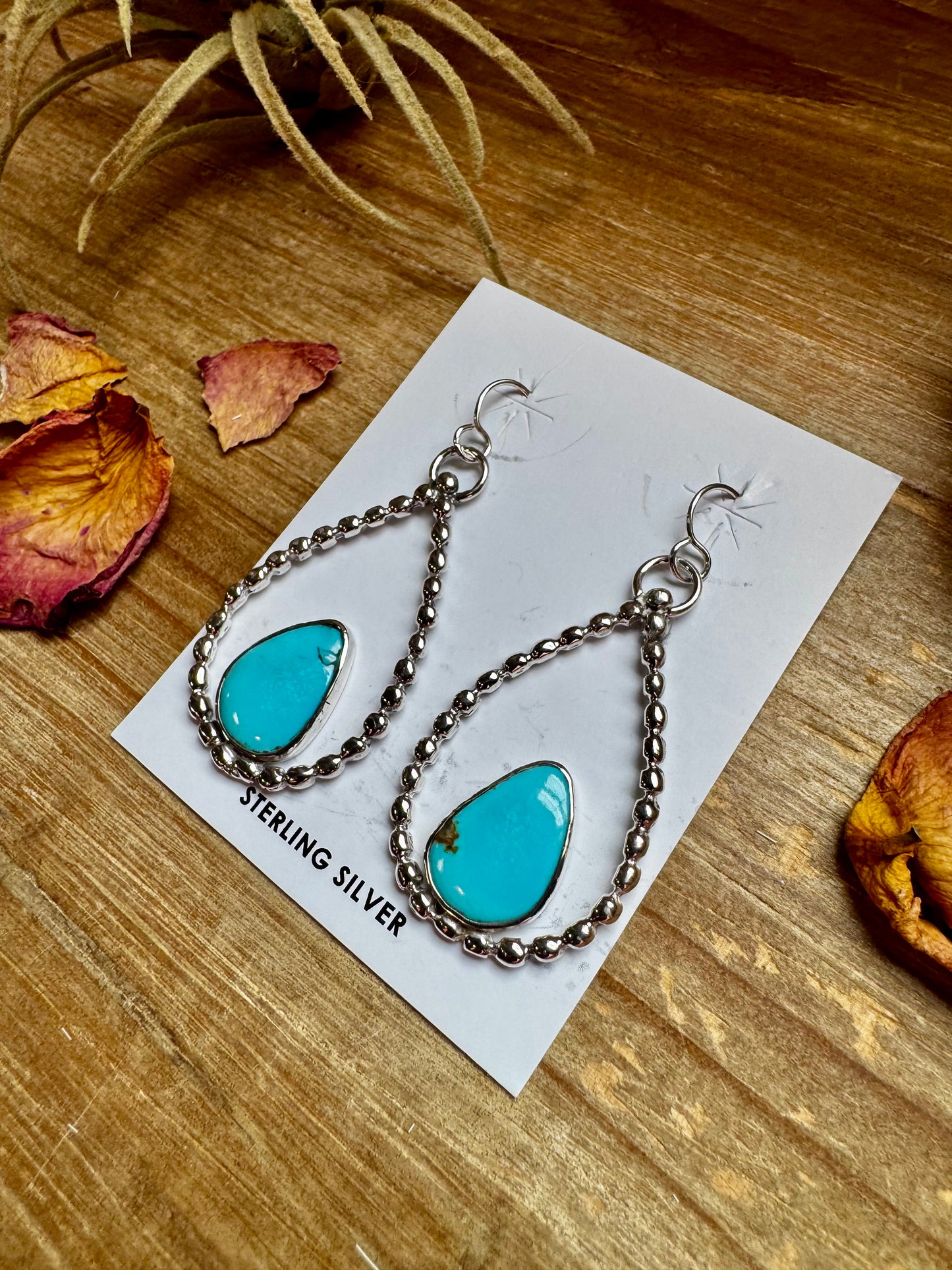 Long Dangle Earrings Hoop Turquoise & Sterling Silver