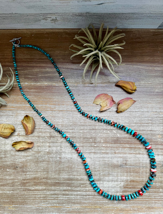 26-inch necklace with dark blue rondelle turquoise, spiny oyster, and brown shell spacers, handmade by The Bijoux FAB