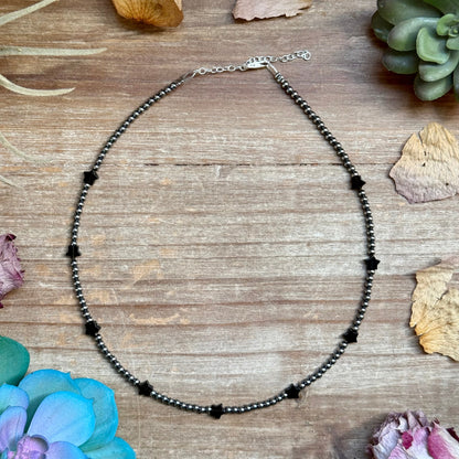 15 inch black onyx star necklace with 3mm sterling silver pearls handmade in the USA by The Bijoux FAB