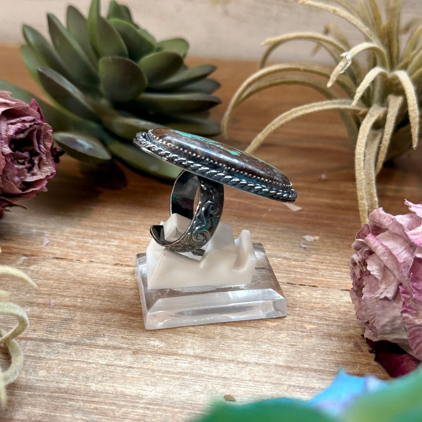 MJ Long Turquoise Ring – Sterling Silver Adjustable Band