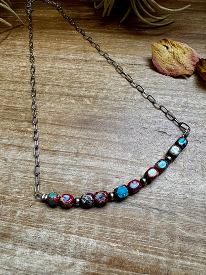 Paperclip Chain Necklace – 4mm Sterling Silver Pearls & Pink-Blue Sea Sediment – 16.5"