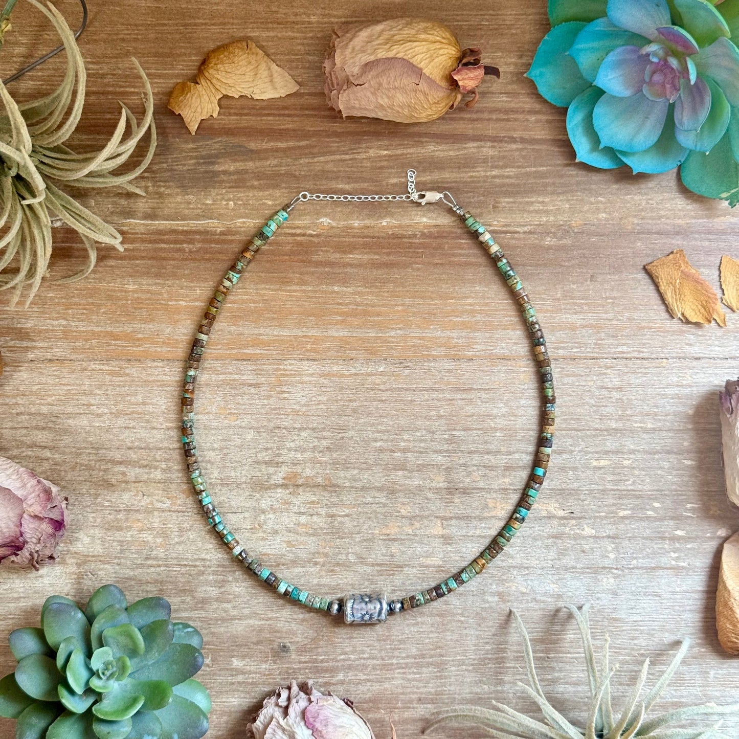 Green Turquoise Heishi & Sterling Silver Barrel Bead Necklace