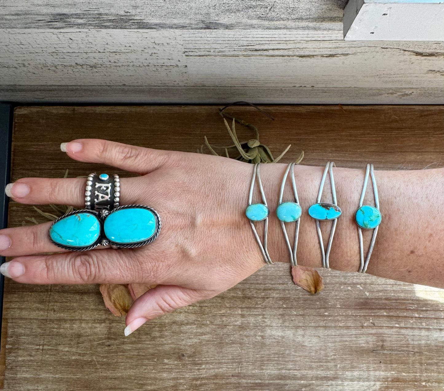 Sterling silver cuff with Sonoran Gold turquoise, native made in the USA, adjustable fit