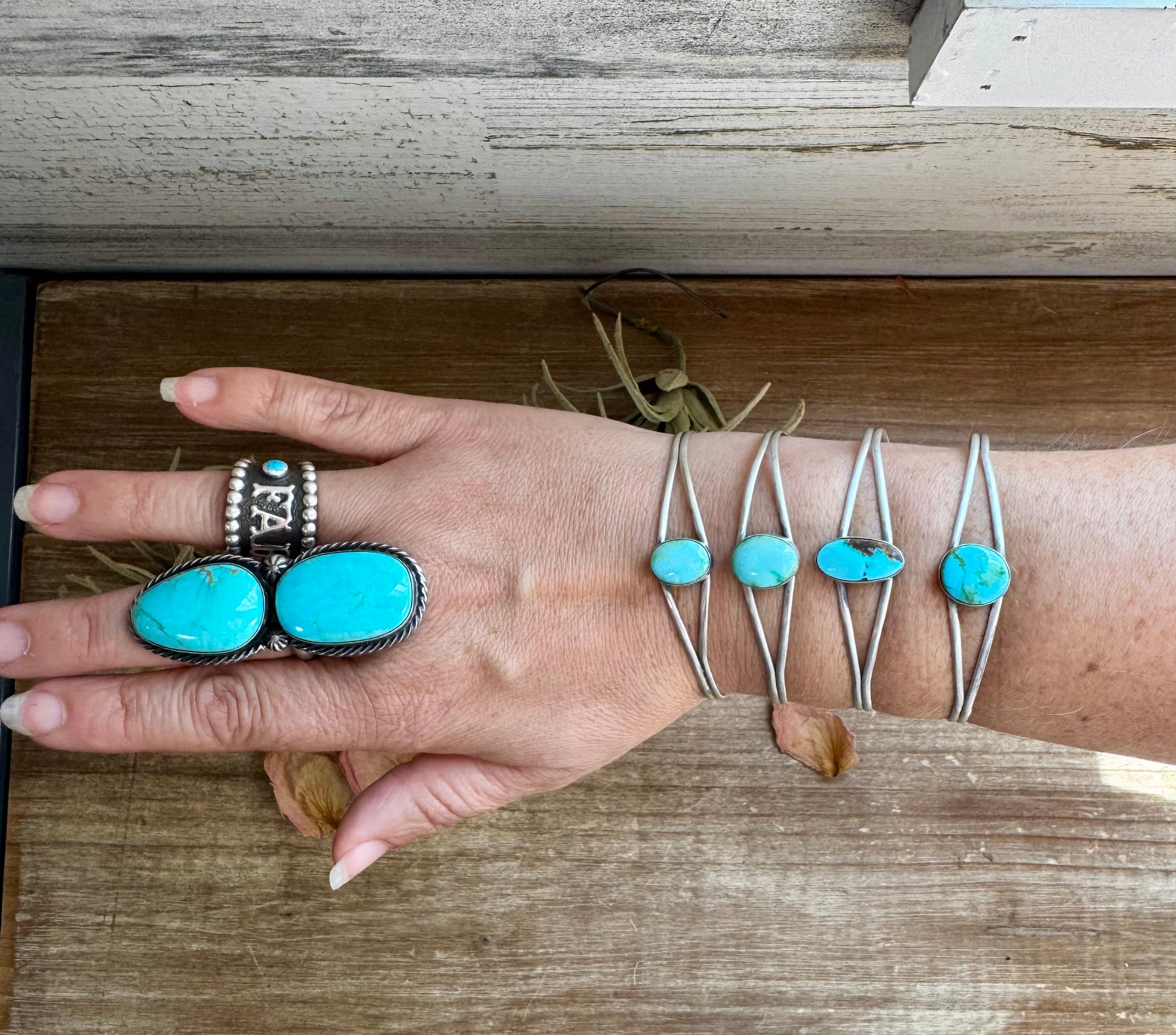 Sterling silver cuff with Sonoran Gold turquoise, native made in the USA, adjustable fit