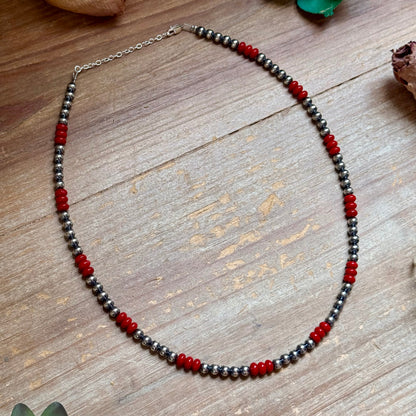 18-Inch Red Coral & Sterling Silver Pearl Necklace
