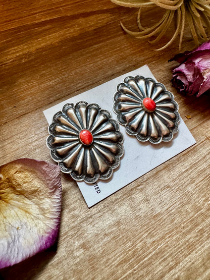 Large Concho Earrings with Red Spiny Oyster – Sterling Silver