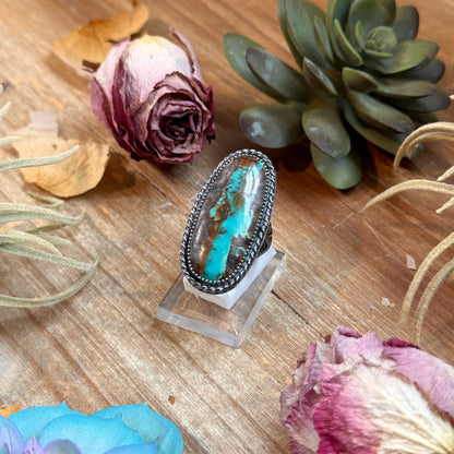 MJ Long Turquoise Ring – Sterling Silver Adjustable Band