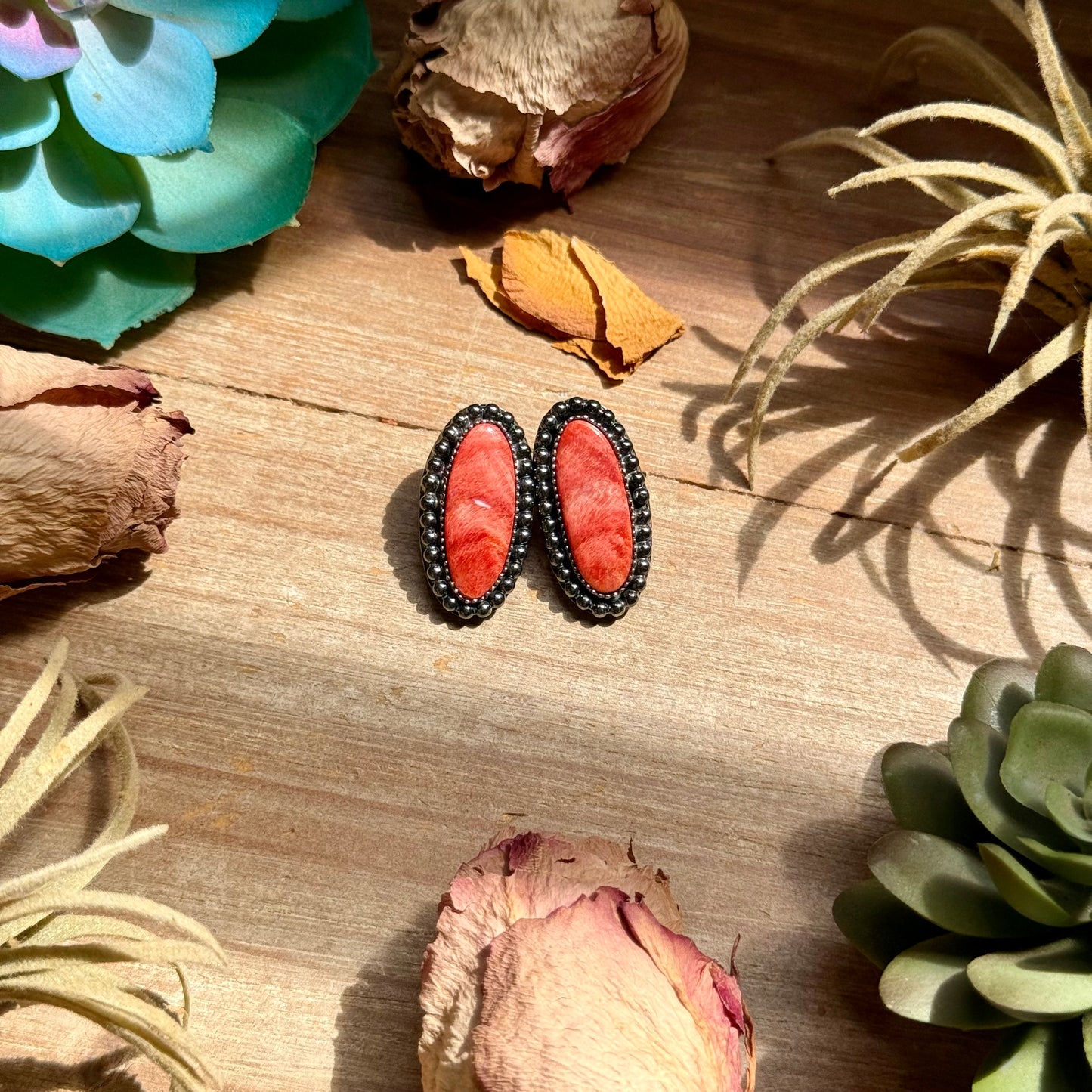 MJ Red Spiny Oyster Long Oval Stud Earrings with Beaded Wire