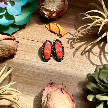 MJ Red Spiny Oyster Long Oval Stud Earrings with Beaded Wire
