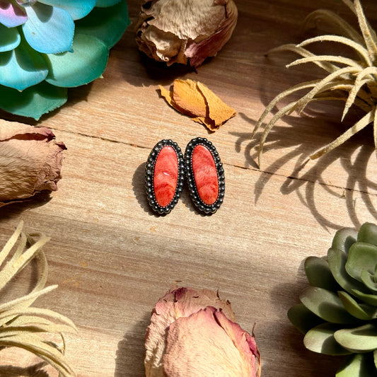 MJ Red Spiny Oyster Long Oval Stud Earrings with Beaded Wire