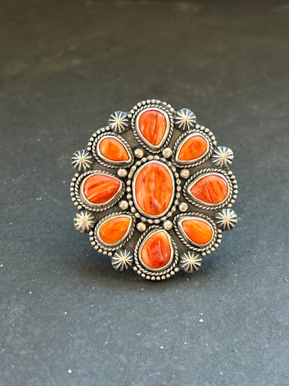 Sterling silver orange spiny oyster cluster ring, handcrafted by artist Shay Pfeiffer in the USA