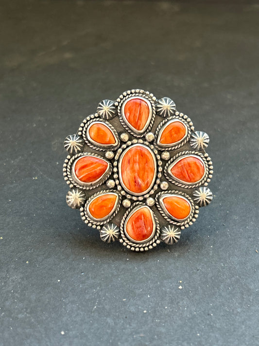 Sterling silver orange spiny oyster cluster ring, handcrafted by artist Shay Pfeiffer in the USA