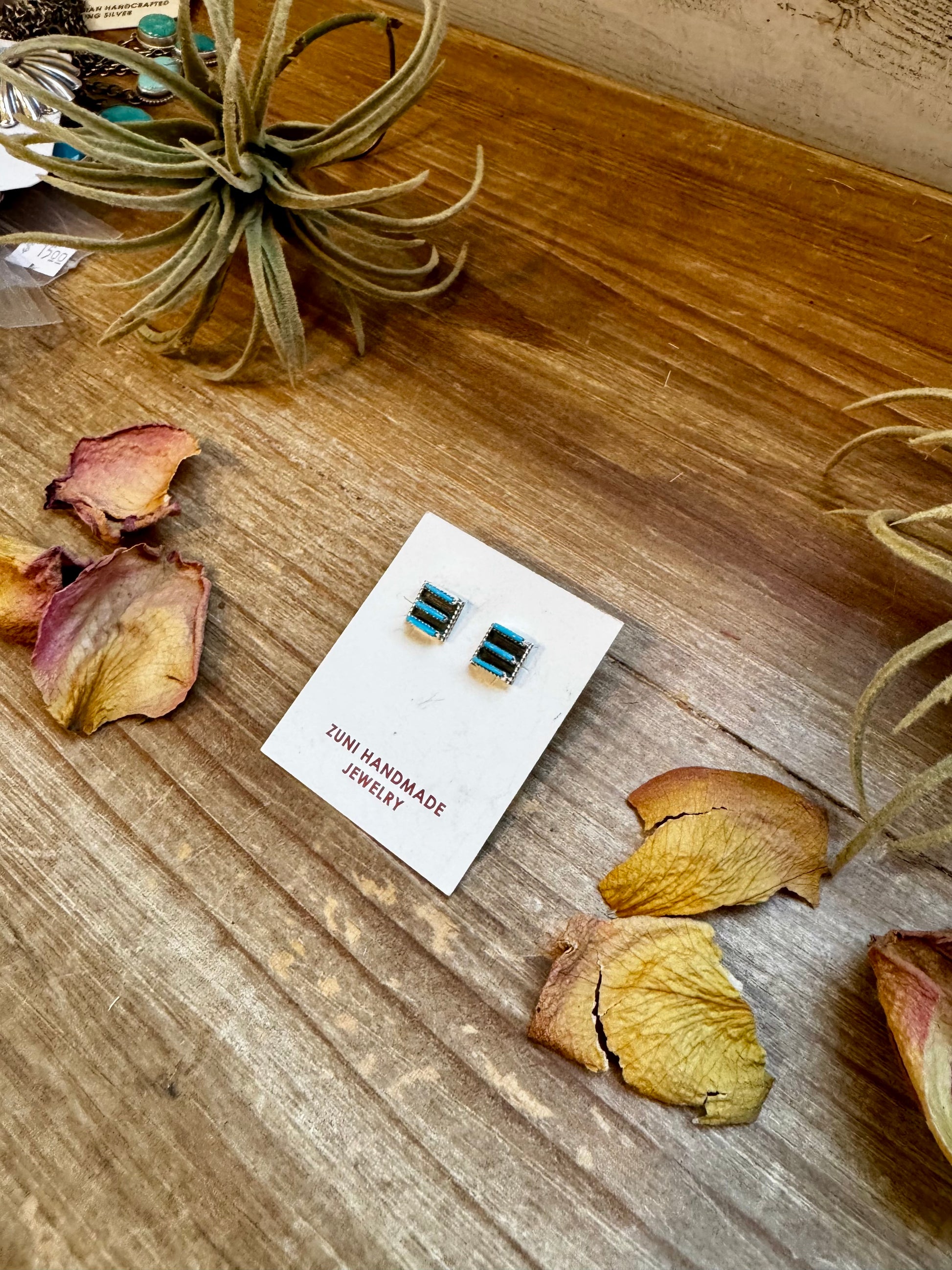 Zuni-made square Kingman turquoise stud earrings in sterling silver by artist Davis Kaamasee