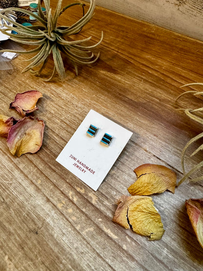 Zuni-made square Kingman turquoise stud earrings in sterling silver by artist Davis Kaamasee