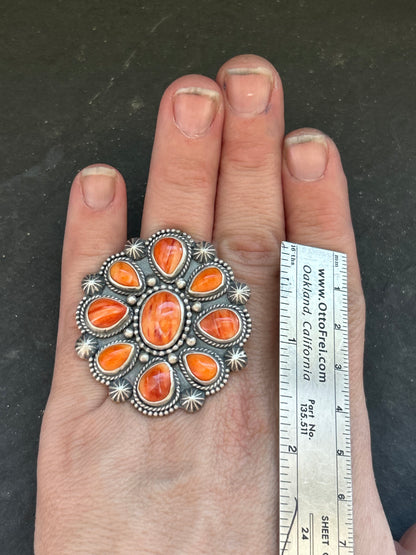 Sterling Silver Orange Spiny Oyster Cluster Ring – Size 9 – Artist Shay Pfeiffer