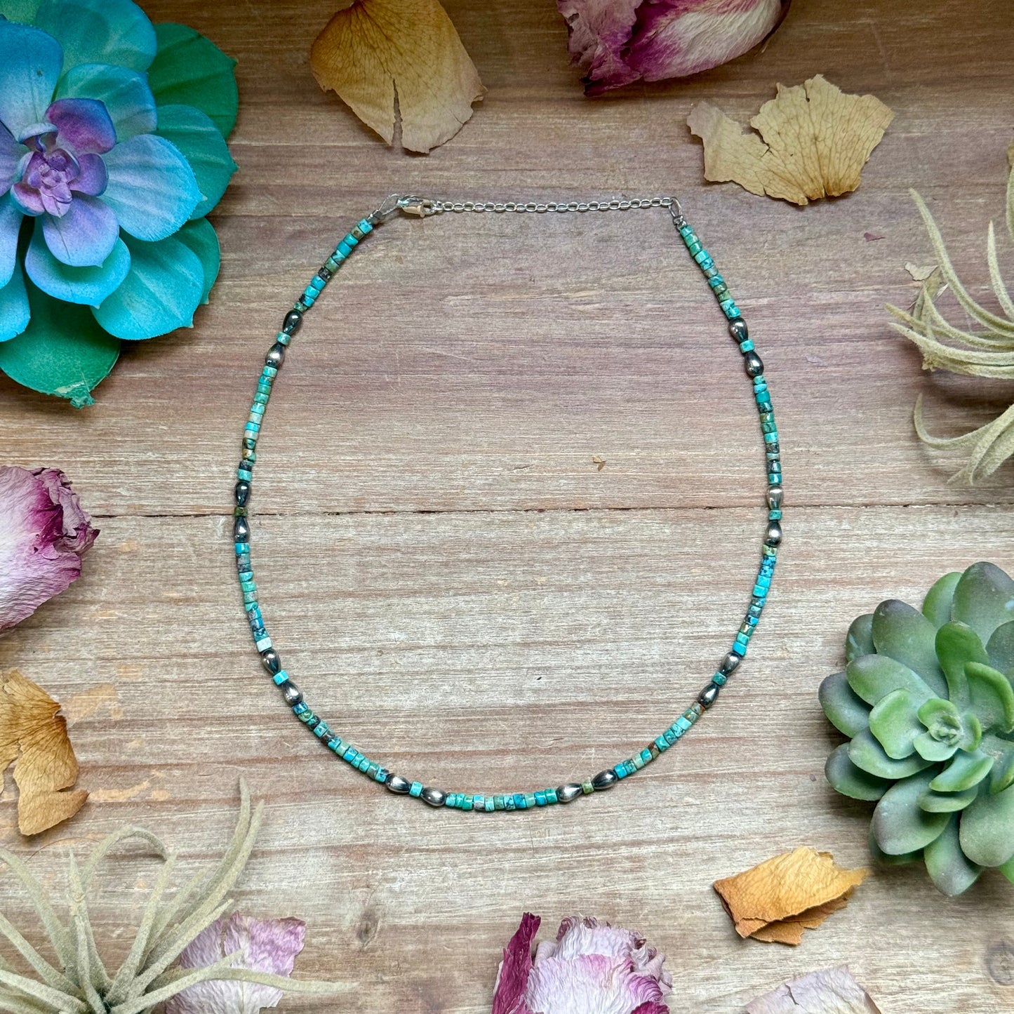 turquoise heishi necklace with sterling silver pear pendant 14 inch extender handmade USA