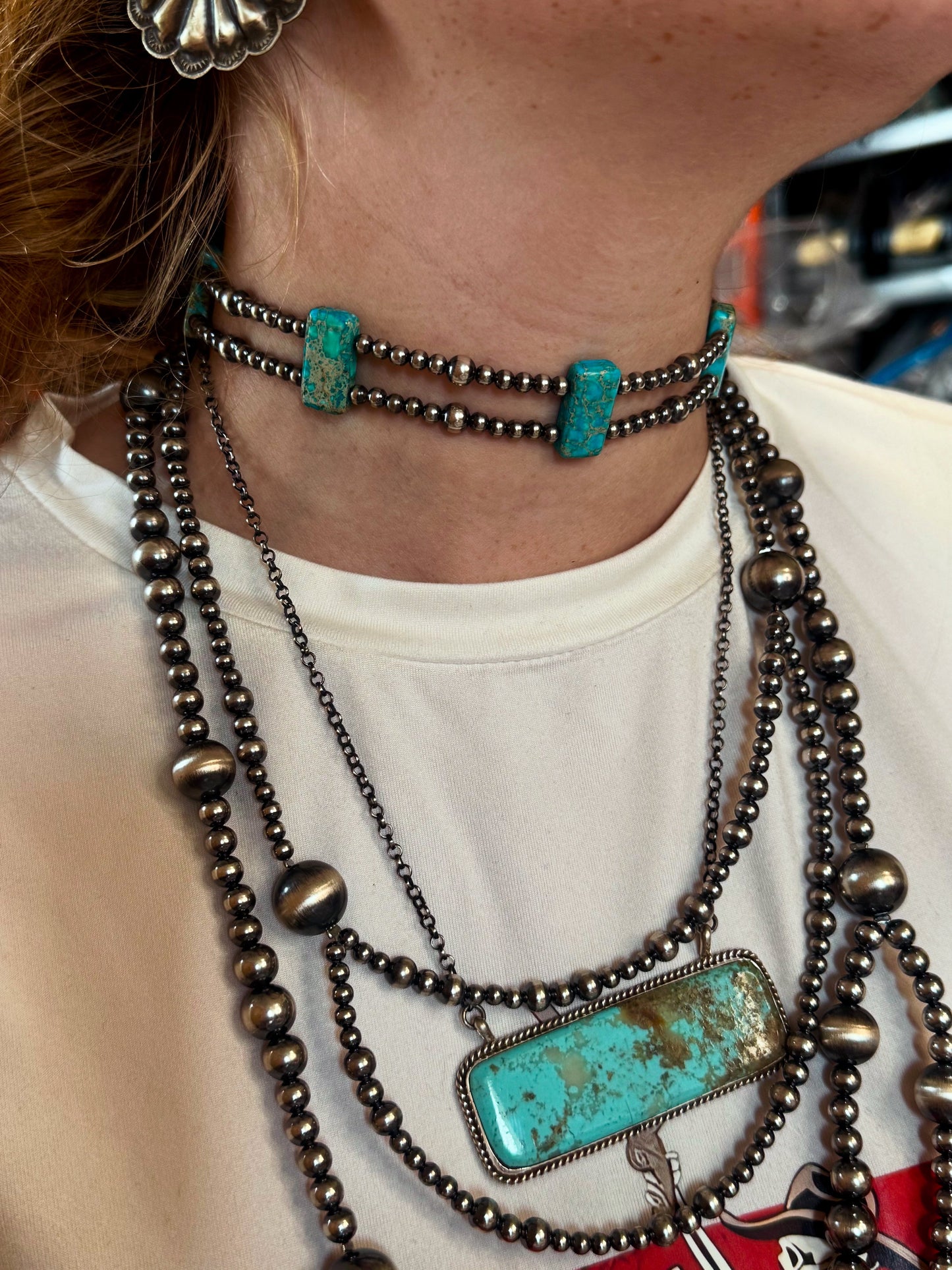 Double strand necklace with 4mm and 6mm sterling silver pearls and rectangle variscite turquoise beads, handmade by The Bijoux FAB