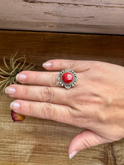 Ring - Size 8 -Red Spiny & Sterling Silver