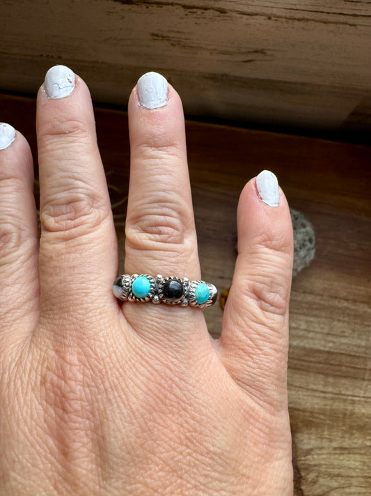 Band Ring - Size 8 - Kingman Turquoise, white Buffalo & sterling silver