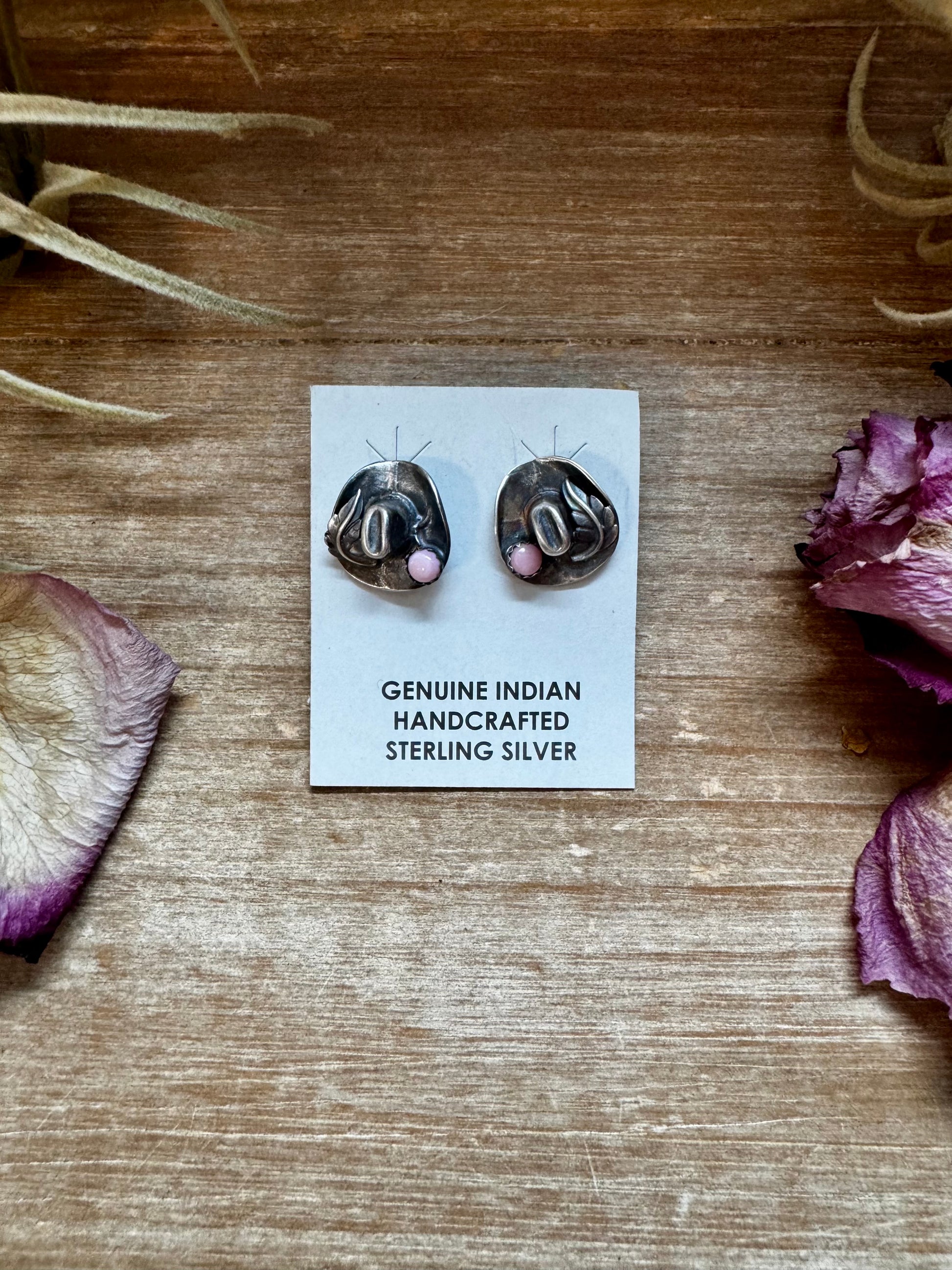 Mini sterling silver cowboy hat stud earrings with pink conch center and feather detail, Native made in the USA