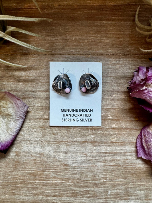 Mini sterling silver cowboy hat stud earrings with pink conch center and feather detail, Native made in the USA