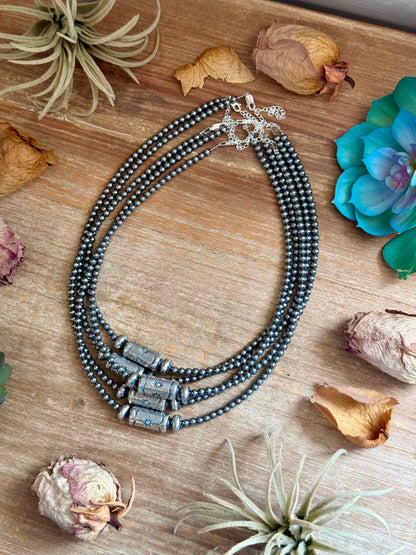 4mm Sterling Silver Pearl Necklace with Stamped Barrel Bead