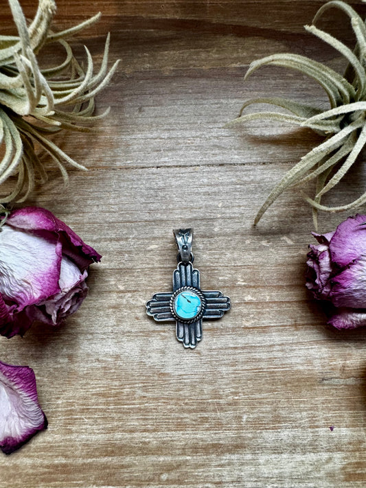 Sterling silver Zia symbol pendant with Golden Hill turquoise, Native made in the USA, fits 8mm pearls