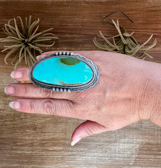 Large Sonoran Gold turquoise adjustable ring, native made by Gilbert Platero in sterling silver