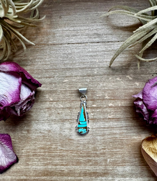 Sterling silver teardrop pendant with Kingman turquoise stone, Option 5 variation, stamped SF, Native made in the USA, fits 5mm pearls