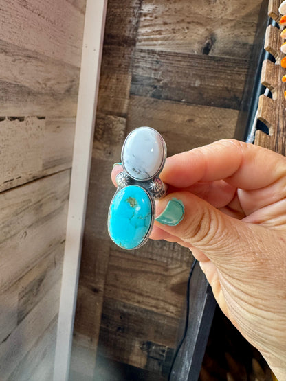 Handcrafted 2-stone ring featuring genuine turquoise and white buffalo set in solid sterling silver. Stamped BJA with an adjustable band. Made in the USA. Each piece is naturally unique. Curated by The Bijoux FAB.